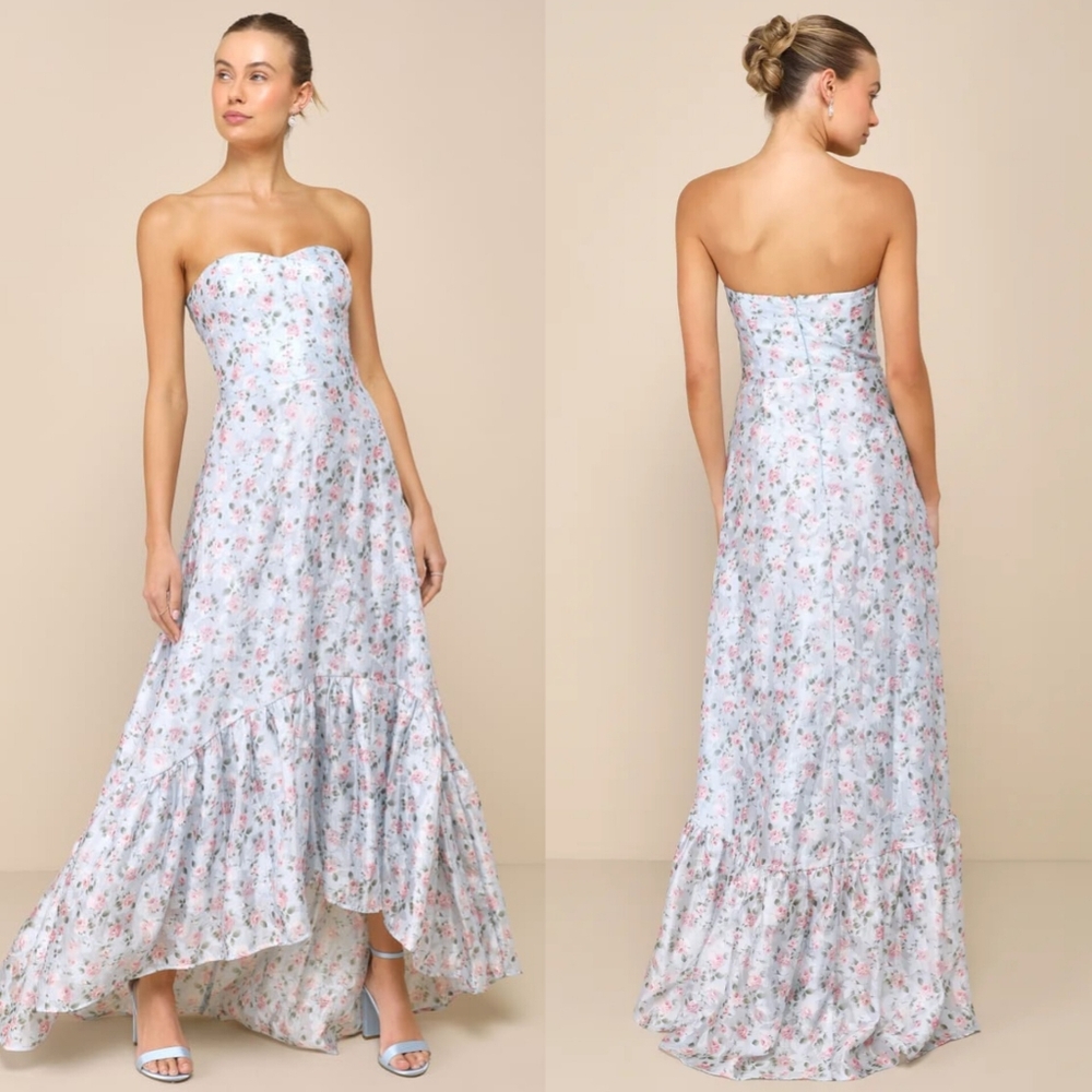 Lulus Gorgeous Desire Light Blue Floral Strapless High-Low Maxi Dress S Wedding